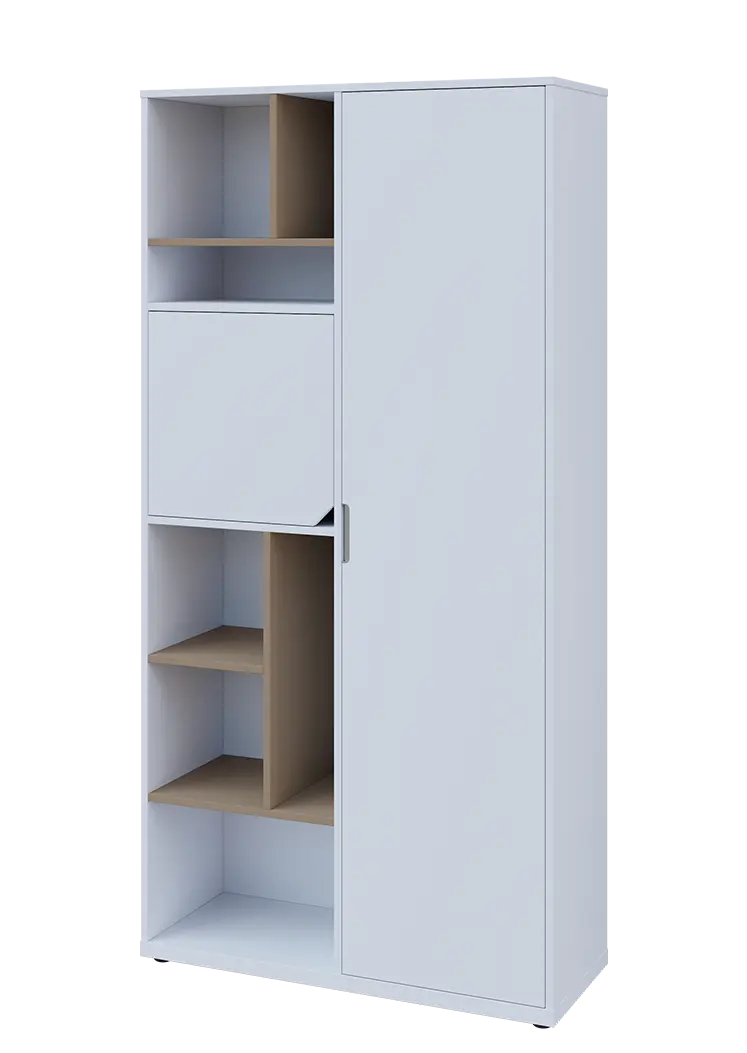 KSR6-83 P skříň šatní, 1x výsuvné ramínko, dvířka, niky, 2053x1022x400 mm, provedení pravé, korpus a dvířka bílá sněžná/police latte